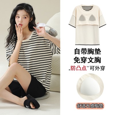 <!--新款纯棉睡衣女士春夏季带胸垫薄款短袖短裤春秋款休闲家居服套装-->
