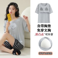 新款纯棉睡衣女士春夏季带胸垫薄款短袖短裤春秋款休闲家居服套装