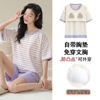 新款纯棉睡衣女士春夏季带胸垫薄款短袖短裤春秋款休闲家居服套装