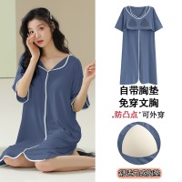 睡裙女夏季短袖中长款莫代尔可外穿夏天大码带胸垫家居服休闲韩版