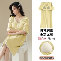 睡裙女夏季短袖中长款莫代尔可外穿夏天大码带胸垫家居服休闲韩版