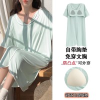 睡裙女自带胸垫新款莫代尔短袖甜美可爱风卡通韩版ins风宽松睡裙