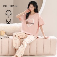 2024夏季女士带胸垫防凸点睡衣舒适大码可外穿宽松家居服棉套装女
