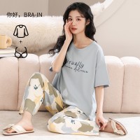 2024夏季女士带胸垫防凸点睡衣舒适大码可外穿宽松家居服棉套装女