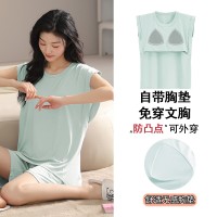 夏季莫代尔睡衣女背心休闲甜美自带胸垫睡衣短裤舒适可外穿家居服