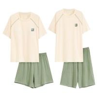 带胸垫2024夏季睡衣情侣莫代尔短袖两件套春夏纯色男士柔软家居服
