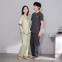 情侣睡衣夏季纯棉男款女款短袖长裤半袖春秋款套装纯色家居服夏款