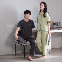 情侣睡衣夏季纯棉男款女款短袖长裤半袖春秋款套装纯色家居服夏款