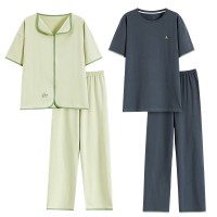 情侣睡衣夏季纯棉男款女款短袖长裤半袖春秋款套装纯色家居服夏款