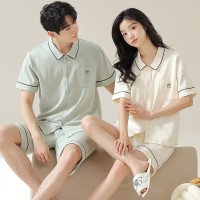 高档100%纯棉情侣睡衣春夏季短袖开衫甜美家居服休闲男士全棉套装