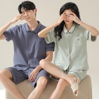 高档100%纯棉情侣睡衣春夏季短袖开衫甜美家居服休闲男士全棉套装