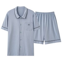 高档100%纯棉情侣睡衣春夏季短袖开衫甜美家居服休闲男士全棉套装