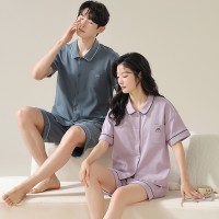 高档100%纯棉情侣睡衣春夏季短袖开衫甜美家居服休闲男士全棉套装