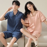 高档100%纯棉情侣睡衣春夏季短袖开衫甜美家居服休闲男士全棉套装