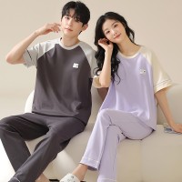 情侣睡衣纯棉短袖凉爽女士夏季简约大码男士可外穿薄款家居服套装