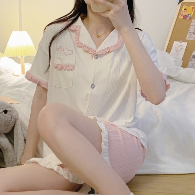 <!--甜美夏季短袖短裤睡衣女士花边牛奶丝坑条宽松可爱学生少女家居服-->