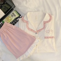 甜美夏季短袖短裤睡衣女士花边牛奶丝坑条宽松可爱学生少女家居服