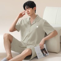 俞兆林夏季男士简约大气短袖短裤大码睡衣开衫纯棉宽松家居服套装