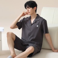 俞兆林夏季男士简约大气短袖短裤大码睡衣开衫纯棉宽松家居服套装
