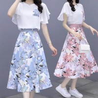 雪纺连衣裙套装女夏季2024年时尚显瘦流行气质碎花半身裙两件套女