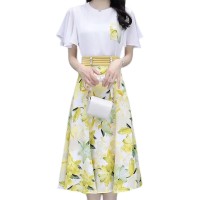 雪纺连衣裙套装女夏季2024年时尚显瘦流行气质碎花半身裙两件套女