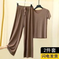 时尚冰丝套装女夏季新款气质运动休闲阔腿裤短袖两件套洋气潮
