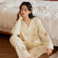 秋季新款亲肤A类纯棉小熊睡衣女可爱卡通长袖长裤家居服全棉套装