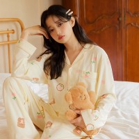 秋季新款亲肤A类纯棉小熊睡衣女可爱卡通长袖长裤家居服全棉套装