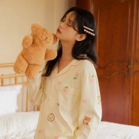秋季新款亲肤A类纯棉小熊睡衣女可爱卡通长袖长裤家居服全棉套装