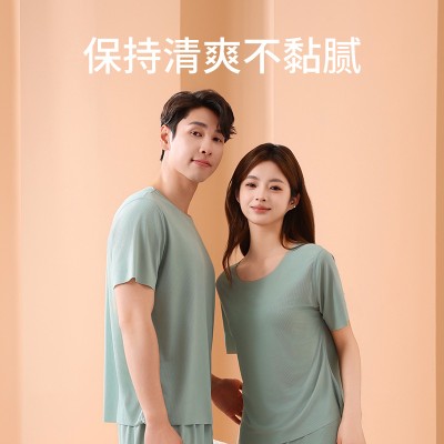 <!--凉感冰丝睡衣女高级感情侣装一男一女套装薄款家居服睡衣夏女短袖-->