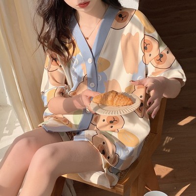 <!--ins夏季小香风睡衣女夏新款和服领卡通甜美月亮熊短袖短裤家居服-->
