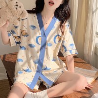 ins夏季小香风睡衣女夏新款和服领卡通甜美月亮熊短袖短裤家居服