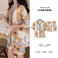 ins夏季小香风睡衣女夏新款和服领卡通甜美月亮熊短袖短裤家居服