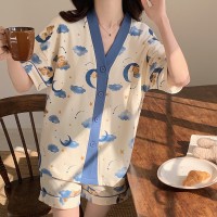 ins夏季小香风睡衣女夏新款和服领卡通甜美月亮熊短袖短裤家居服