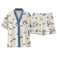 ins夏季小香风睡衣女夏新款和服领卡通甜美月亮熊短袖短裤家居服