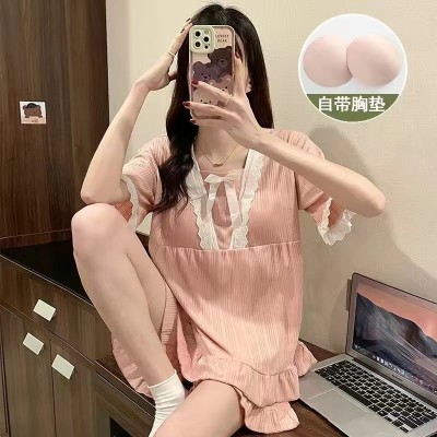 <!--公主风花边睡衣女短袖v领简约纯色带胸垫可爱少女宽松可外穿套装-->