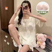 公主风花边睡衣女短袖v领简约纯色带胸垫可爱少女宽松可外穿套装