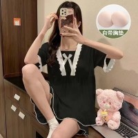 公主风花边睡衣女短袖v领简约纯色带胸垫可爱少女宽松可外穿套装