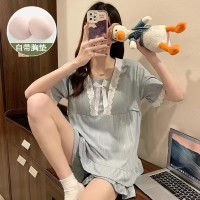 公主风花边睡衣女短袖v领简约纯色带胸垫可爱少女宽松可外穿套装
