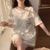 夏季女士睡衣带胸垫短袖短裤卡通棉质家居服套装休闲凉爽免穿文胸
