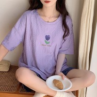 夏季女士睡衣带胸垫短袖短裤卡通棉质家居服套装休闲凉爽免穿文胸