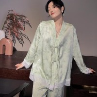 【碧螺春】春夏居家服女长袖冰丝绸潮花卉新中式盘扣睡衣套装