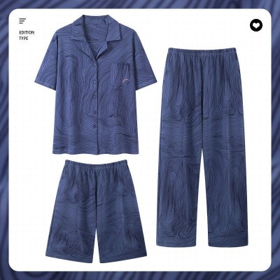 <!--睡衣100%纯棉男士夏季短袖短裤长裤薄款男款夏天大码家居服三件套-->