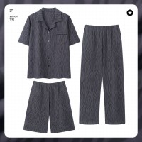 睡衣100%纯棉男士夏季短袖短裤长裤薄款男款夏天大码家居服三件套