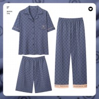 睡衣100%纯棉男士夏季短袖短裤长裤薄款男款夏天大码家居服三件套