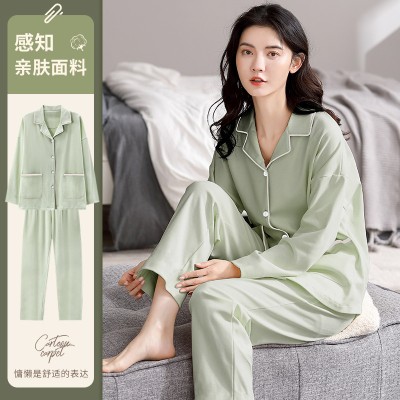 <!--春秋款睡衣女100%纯棉宽松大码薄款长袖夏季新款可外穿家居服套装-->