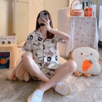 IceSilkSSPajamas睡衣女冰丝开衫夏季短袖短裤卡通家居服套装