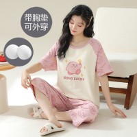 薄款棉质睡衣女夏季带胸垫短袖七分裤可外穿卡通甜美家居服套装女