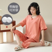 薄款棉质睡衣女夏季带胸垫短袖七分裤可外穿卡通甜美家居服套装女