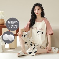 薄款棉质睡衣女夏季带胸垫短袖七分裤可外穿卡通甜美家居服套装女